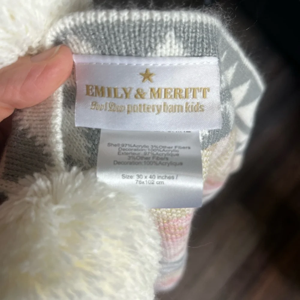 Emily‎ & Meritt Pottery Barn Kids Baby Blanket *40”x 30” Pom Poms Pastels Gold